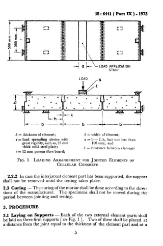 IS:Wl(PartIX)-1973
LOAD APPLICATION
STRIP
h = thickness of element;
s = load spreading device with
great rigidity, such as, 25 mm
thick mild steel plate;
t = 12 mm porous fibre board;
b = width of element;
a = b - 2. h, but not less than
100 mm; and
I; = clearance between elements
FIG. 1 LOADING ARRANGEMENT FOR JOINTED ELEMENTSop
CELLULAR CONCRETE
2.2.2 In case the interjacent element part has been supported, the support
shall not be removed until the testing takes place.
2.3 Curing - The curing of the mortar shall be done according to the dirrcc-
tions of the manufacturer. The specimens shall not be moved during the
period betheen jointing and testing.
3. PROCEDURE
3.1 Laying on Supports - Each of the two external element parts &I1
be laid on three firm supports ( see Fig. 1 ). TWO of these shall be placed at:
a distance from the joint equal to the thickness of the element part and at a
5
 