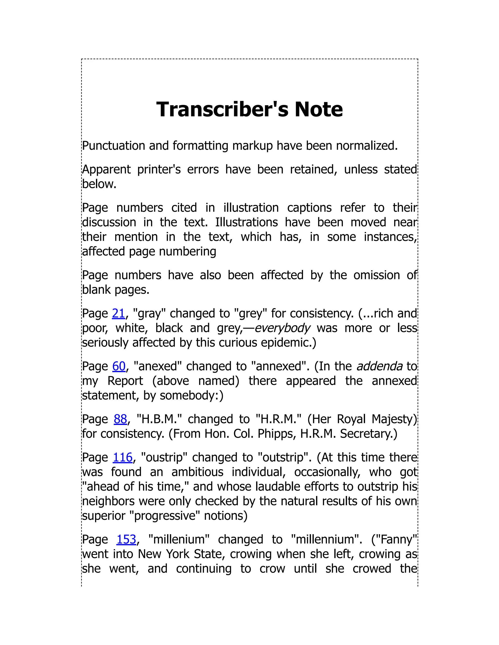 Transcriber's Note
Punctuation and formatting markup have been normalized.
Apparent printer's errors have been retained, unless stated
below.
Page numbers cited in illustration captions refer to their
discussion in the text. Illustrations have been moved near
their mention in the text, which has, in some instances,
affected page numbering
Page numbers have also been affected by the omission of
blank pages.
Page 21, "gray" changed to "grey" for consistency. (...rich and
poor, white, black and grey,—everybody was more or less
seriously affected by this curious epidemic.)
Page 60, "anexed" changed to "annexed". (In the addenda to
my Report (above named) there appeared the annexed
statement, by somebody:)
Page 88, "H.B.M." changed to "H.R.M." (Her Royal Majesty)
for consistency. (From Hon. Col. Phipps, H.R.M. Secretary.)
Page 116, "oustrip" changed to "outstrip". (At this time there
was found an ambitious individual, occasionally, who got
"ahead of his time," and whose laudable efforts to outstrip his
neighbors were only checked by the natural results of his own
superior "progressive" notions)
Page 153, "millenium" changed to "millennium". ("Fanny"
went into New York State, crowing when she left, crowing as
she went, and continuing to crow until she crowed the
 