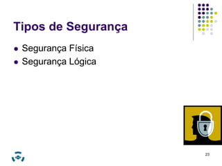 Tipos de Segurança 
 Segurança Física 
 Segurança Lógica 
23 
 