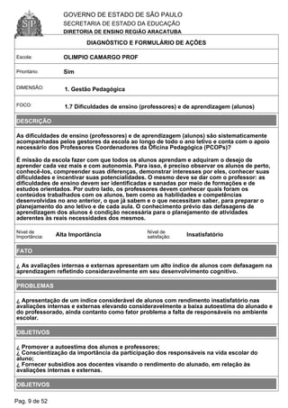 GOVERNO DE ESTADO DE SÃO PAULO
SECRETARIA DE ESTADO DA EDUCAÇÃO
DIRETORIA DE ENSINO REGIÃO ARACATUBA
DIAGNÓSTICO E FORMULÁRIO DE AÇÕES
Escola: OLIMPIO CAMARGO PROF
Prioritário: Sim
DIMENSÃO: 1. Gestão Pedagógica
FOCO: 1.7 Dificuldades de ensino (professores) e de aprendizagem (alunos)
DESCRIÇÃO
As dificuldades de ensino (professores) e de aprendizagem (alunos) são sistematicamente
acompanhadas pelos gestores da escola ao longo de todo o ano letivo e conta com o apoio
necessário dos Professores Coordenadores da Oficina Pedagógica (PCOPs)?
É missão da escola fazer com que todos os alunos aprendam e adquiram o desejo de
aprender cada vez mais e com autonomia. Para isso, é preciso observar os alunos de perto,
conhecê-los, compreender suas diferenças, demonstrar interesses por eles, conhecer suas
dificuldades e incentivar suas potencialidades. O mesmo deve se dar com o professor: as
dificuldades de ensino devem ser identificadas e sanadas por meio de formações e de
estudos orientados. Por outro lado, os professores devem conhecer quais foram os
conteúdos trabalhados com os alunos, bem como as habilidades e competências
desenvolvidas no ano anterior, o que já sabem e o que necessitam saber, para preparar o
planejamento do ano letivo e de cada aula. O conhecimento prévio das defasagens de
aprendizagem dos alunos é condição necessária para o planejamento de atividades
aderentes às reais necessidades dos mesmos.
Nível de
Importância: Alta Importância
Nível de
satisfação: Insatisfatório
FATO
¿ As avaliações internas e externas apresentam um alto índice de alunos com defasagem na
aprendizagem refletindo consideravelmente em seu desenvolvimento cognitivo.
PROBLEMAS
¿ Apresentação de um índice considerável de alunos com rendimento insatisfatório nas
avaliações internas e externas elevando consideravelmente a baixa autoestima do alunado e
do professorado, ainda contanto como fator problema a falta de responsáveis no ambiente
escolar.
OBJETIVOS
¿ Promover a autoestima dos alunos e professores;
¿ Conscientização da importância da participação dos responsáveis na vida escolar do
aluno;
¿ Fornecer subsídios aos docentes visando o rendimento do alunado, em relação às
avaliações internas e externas.
OBJETIVOS
Pag. 9 de 52
 