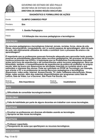 GOVERNO DE ESTADO DE SÃO PAULO
SECRETARIA DE ESTADO DA EDUCAÇÃO
DIRETORIA DE ENSINO REGIÃO ARACATUBA
DIAGNÓSTICO E FORMULÁRIO DE AÇÕES
Escola: OLIMPIO CAMARGO PROF
Prioritário: Sim
DIMENSÃO: 1. Gestão Pedagógica
FOCO: 1.9 Utilização dos recursos pedagógicos e tecnológicos
DESCRIÇÃO
Os recursos pedagógicos e tecnológicos (internet, jornais, revistas, livros, obras de arte,
filmes, documentários, computadores, etc.) e outros espaços de aprendizagem, além da sala
de aula, são efetivamente utilizados de modo a contribuir com o processo de ensino e da
aprendizagem?
É importante que os professores possuam formação adequada para aproveitar tanto quanto
possível as possibilidades oferecidas pelos recursos pedagógicos. No processo de formação
contínua promovido nas HTPCs, é importante que os Professores Coordenadores articulem
ações para troca de experiências e de conhecimentos sobre recursos pedagógicos. Deve ser
fomentado, também, o compartilhamento de experiências da prática do professor na própria
escola, além da busca por desenvolver-se atividades inseridas no contexto atual e que
estimulem o interesse dos alunos. Pode ser solicitado ao PCOP de Tecnologia, por exemplo,
que oriente o PC e os professores da escola.Recursos pedagógicos e tecnológicos
disponíveis: vídeo aulas, Internet, Acessa Escola, TV, radio, softwares educacionais, filmes,
blogs, redes sociais, além dos materiais disponibilizados por programas como Sala de
Leitura, Sala de Vídeo, Ler e Escrever, São Paulo Faz Escola, etc.
Nível de
Importância: Alta Importância
Nível de
satisfação: Insatisfatório
FATO
¿ Dificuldade de consolidar tecnologia/conteúdo
PROBLEMAS
¿ Falta de habilidade por parte de alguns docentes em trabalhar com novas tecnologias.
OBJETIVOS
¿ Envolver os professores em diversas atividades usando as tecnologias.
¿ Apropriar-se das novas tecnologias.
OBJETIVOS
¿ Professor capacitado.
¿ Planejamento de aulas que aperfeiçoem os recursos tecnológicos
INDICADORES
Pag. 13 de 52
 