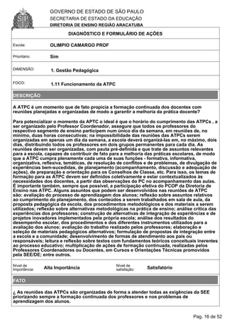 GOVERNO DE ESTADO DE SÃO PAULO
SECRETARIA DE ESTADO DA EDUCAÇÃO
DIRETORIA DE ENSINO REGIÃO ARACATUBA
DIAGNÓSTICO E FORMULÁRIO DE AÇÕES
Escola: OLIMPIO CAMARGO PROF
Prioritário: Sim
DIMENSÃO: 1. Gestão Pedagógica
FOCO: 1.11 Funcionamento da ATPC
DESCRIÇÃO
A ATPC é um momento que de fato propicia a formação continuada dos docentes com
reuniões planejadas e organizadas de modo a garantir a melhoria da prática docente?
Para potencializar o momento da APTC o ideal é que o horário do cumprimento das ATPCs , a
ser organizado pelo Professor Coordenador, assegure que todos os professores do
respectivo segmento de ensino participem num único dia da semana, em reuniões de, no
mínimo, duas horas consecutivas; na impossibilidade das reuniões das ATPCs serem
organizadas em apenas um dia da semana, a escola deverá organizá-las em, no máximo, dois
dias, distribuindo todos os professores em dois grupos permanentes para cada dia. As
reuniões devem ser organizadas, com pauta pré-definida e que trate de assuntos relevantes
para a escola, capazes de contribuir de fato para a melhoria das práticas escolares, de modo
que a ATPC cumpra plenamente cada uma de suas funções - formativa, informativa,
organizativa, reflexiva, temáticas, de resolução de conflitos e de problemas, de divulgação de
experiências bem-sucedidas, de planejamento (acompanhamento, discussão e adequação de
ações), de preparação e orientação para os Conselhos de Classe, etc. Para isso, os temas de
formação para as ATPC devem ser definidos coletivamente e estar contextualizados às
necessidades dos docentes, a partir das observações do PC no acompanhamento das aulas.
É importante também, sempre que possível, a participação efetiva do PCOP da Diretoria de
Ensino nas ATPC. Alguns assuntos que podem ser desenvolvidos nas reuniões de ATPC
são: avaliação do processo de aprendizagem dos alunos; reflexão sobre assuntos relativos
ao cumprimento do planejamento, dos conteúdos a serem trabalhados em sala de aula, da
proposta pedagógica da escola, dos procedimentos metodológicos e dos materiais a serem
utilizados; reflexão sobre alternativas metodológicas na prática de ensino; análise crítica das
experiências dos professores; construção de alternativas de integração de experiências e de
projetos inovadores implementados pela própria escola; análise dos resultados do
desempenho escolar, dos procedimentos e dos diferentes instrumentos utilizados para a
avaliação dos alunos; avaliação do trabalho realizado pelos professores; elaboração e
seleção de materiais pedagógicos alternativos; formulação de propostas de integração entre
a escola e a comunidade; desenvolvimento de formas de atendimento aos pais ou
responsáveis; leitura e reflexão sobre textos com fundamentos teóricos conceituais inerentes
ao processo educativo; multiplicação de ações de formação continuada, realizadas pelos
Professores Coordenadores ou Docentes, em Cursos e Orientações Técnicas promovidos
pela SEE/DE; entre outros.
Nível de
Importância: Alta Importância
Nível de
satisfação: Satisfatório
FATO
¿ As reuniões das ATPCs são organizadas de forma a atender todas as exigências da SEE
priorizando sempre a formação continuada dos professores e nos problemas de
aprendizagem dos alunos.
Pag. 16 de 52
 