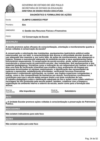 GOVERNO DE ESTADO DE SÃO PAULO
SECRETARIA DE ESTADO DA EDUCAÇÃO
DIRETORIA DE ENSINO REGIÃO ARACATUBA
DIAGNÓSTICO E FORMULÁRIO DE AÇÕES
Escola: OLIMPIO CAMARGO PROF
Prioritário: Sim
DIMENSÃO: 4. Gestão dos Recursos Físicos e Financeiros
FOCO: 4.2 Conservação da Escola
DESCRIÇÃO
A escola promove ações eficazes de conscientização, orientação e monitoramento quanto a
temas voltados à conservação da escola?
A conservação e valorização das instalações, equipamentos (patrimônio público) estão
relacionadas, por um lado, à conscientização dos alunos e comunidade escolar quanto ao
uso adequado dos mesmos e, por outro lado, de ações de monitoramento, que assegurem a
higiene, limpeza e manutenção adequada do ambiente escolar e seus equipamentos pelos
funcionários responsáveis. A conservação da escola envolve, ainda, ações preventivas de
manutenção e preservação do patrimônio escolar, das instalações, dos equipamentos e dos
materiais pedagógicos. Iniciativas como a indicação de um responsável por realizar a cada 15
dias uma lista de verificação (checklist) que sinalize o bom andamento da limpeza por
empresas terceirizadas ou equipes responsáveis; a identificação das necessidades de
reparos e reposições, estabelecendo prioridades, verificando recursos financeiros
disponíveis e organizando solicitações, se couber, aos órgãos superiores competentes; e
outras, como o uso compartilhado de banheiros por alunos, funcionários e professores,
contribuem para que a escola esteja sempre limpa e em boas condições de uso.
O trabalho pedagógico sobre a destinação adequada do lixo e ações como coleta seletiva e
reciclagem do lixo produzido pela escola podem, também, colaborar com a limpeza e
organização do ambiente interno e externo da escola, assim como para a formação dos
alunos.
Nível de
Importância: Alta Importância
Nível de
satisfação: Satisfatório
FATO
¿ A Unidade Escolar promove ações voltadas à conscientização e preservação do Patrimônio
Público.
INDICADORES
Não existem indicadores para este foco
AÇÕES
Não existem ações para este foco
Pag. 34 de 52
 