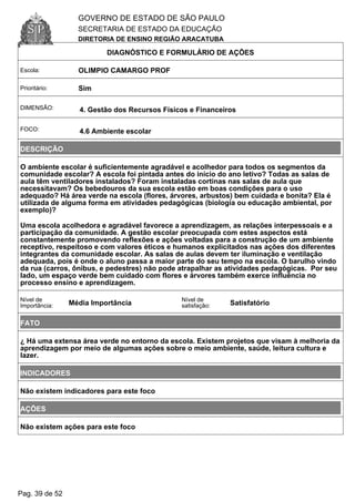 GOVERNO DE ESTADO DE SÃO PAULO
SECRETARIA DE ESTADO DA EDUCAÇÃO
DIRETORIA DE ENSINO REGIÃO ARACATUBA
DIAGNÓSTICO E FORMULÁRIO DE AÇÕES
Escola: OLIMPIO CAMARGO PROF
Prioritário: Sim
DIMENSÃO: 4. Gestão dos Recursos Físicos e Financeiros
FOCO: 4.6 Ambiente escolar
DESCRIÇÃO
O ambiente escolar é suficientemente agradável e acolhedor para todos os segmentos da
comunidade escolar? A escola foi pintada antes do início do ano letivo? Todas as salas de
aula têm ventiladores instalados? Foram instaladas cortinas nas salas de aula que
necessitavam? Os bebedouros da sua escola estão em boas condições para o uso
adequado? Há área verde na escola (flores, árvores, arbustos) bem cuidada e bonita? Ela é
utilizada de alguma forma em atividades pedagógicas (biologia ou educação ambiental, por
exemplo)?
Uma escola acolhedora e agradável favorece a aprendizagem, as relações interpessoais e a
participação da comunidade. A gestão escolar preocupada com estes aspectos está
constantemente promovendo reflexões e ações voltadas para a construção de um ambiente
receptivo, respeitoso e com valores éticos e humanos explicitados nas ações dos diferentes
integrantes da comunidade escolar. As salas de aulas devem ter iluminação e ventilação
adequada, pois é onde o aluno passa a maior parte do seu tempo na escola. O barulho vindo
da rua (carros, ônibus, e pedestres) não pode atrapalhar as atividades pedagógicas. Por seu
lado, um espaço verde bem cuidado com flores e árvores também exerce influência no
processo ensino e aprendizagem.
Nível de
Importância: Média Importância
Nível de
satisfação: Satisfatório
FATO
¿ Há uma extensa área verde no entorno da escola. Existem projetos que visam à melhoria da
aprendizagem por meio de algumas ações sobre o meio ambiente, saúde, leitura cultura e
lazer.
INDICADORES
Não existem indicadores para este foco
AÇÕES
Não existem ações para este foco
Pag. 39 de 52
 