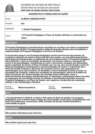 GOVERNO DE ESTADO DE SÃO PAULO
SECRETARIA DE ESTADO DA EDUCAÇÃO
DIRETORIA DE ENSINO REGIÃO ARACATUBA
DIAGNÓSTICO E FORMULÁRIO DE AÇÕES
Escola: OLIMPIO CAMARGO PROF
Prioritário: Sim
DIMENSÃO: 1. Gestão Pedagógica
FOCO:
1.2 Proposta Pedagógica e Plano de Gestão definidos e conhecidos por
todos
DESCRIÇÃO
A Proposta Pedagógica é periodicamente reavaliada em reuniões com todos os segmentos
da comunidade escolar? A equipe gestora utiliza ferramentas eficazes para acompanhar a
implementação da Proposta Pedagógica e do Plano de Gestão?
A escola deve possuir uma Proposta Pedagógica escrita (em forma de documento), de
conteúdo conhecido por todos e disponível para livre acesso, em cuja elaboração tenham
participado ativamente todos os segmentos da comunidade escolar. A Proposta Pedagógica
deve explicitar a visão de sociedade, de educação e de escola e indicar a concepção de
ensino e de aprendizagem, constituindo-se como o documento norteador das discussões,
ações e decisões da escola. O Plano de Gestão, por sua vez, deve ser formulado a partir da
Proposta Pedagógica contemplando a operacionalização da mesma. É importante que o
Plano de Gestão contenha a descrição do conteúdo mínimo; das expectativas de
aprendizagem para cada ano/série; as atividades a serem realizadas durante as aulas; as
estratégias de avaliação; análise dos resultados de aprendizagem; planos de trabalho de
todos os setores; etc. Devem também ser incluídas outras indicações, como o
desenvolvimento de projetos interdisciplinares. É importante a participação efetiva de todos
os segmentos da comunidade escolar em debates e reavaliações frequentes acerca da
Proposta Pedagógica e do Plano de Gestão, com registros e evidências dos resultados
obtidos e das metodologias utilizadas.
Nível de
Importância: Média Importância
Nível de
satisfação: Satisfatório
FATO
¿ No planejamento é habitual a análise e discussão do plano de gestão e da proposta
pedagógica, pois é através dessa analise que são traçadas novas ações compartilhadas com
todos os professores, funcionários, APM, Conselho de Escola, Grêmio Estudantil e
comunidade em geral.
INDICADORES
Não existem indicadores para este foco
AÇÕES
Não existem ações para este foco
Pag. 2 de 52
 