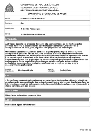 GOVERNO DE ESTADO DE SÃO PAULO
SECRETARIA DE ESTADO DA EDUCAÇÃO
DIRETORIA DE ENSINO REGIÃO ARACATUBA
DIAGNÓSTICO E FORMULÁRIO DE AÇÕES
Escola: OLIMPIO CAMARGO PROF
Prioritário: Sim
DIMENSÃO: 1. Gestão Pedagógica
FOCO: 1.5 Professor Coordenador
DESCRIÇÃO
A atividade docente e o processo de ensino são acompanhados de modo eficaz pelos
gestores da escola e, especialmente, pelo Professor Coordenador, incluindo-se o
acompanhamento de aulas, pelo segundo, com propositura de intervenção?
O Professor Coordenador, além de conhecer o que foi planejado pelo professor, deve
acompanhar a gestão da sala de aula, com visitas às classes e posterior devolutiva aos
professores a respeito dos aspectos didáticos que poderiam melhorar o processo de ensino
e de aprendizagem. Além disso, o Professor Coordenador deve liderar o trabalho de
formação continuada dos professores da escola, a partir de um diagnóstico dos saberes dos
professores, a fim de possibilitar situações para estudo e reflexão sobre a prática
pedagógica, e procurando-se motivar os professores a investirem em seu próprio
desenvolvimento profissional.
Nível de
Importância: Alta Importância
Nível de
satisfação: Satisfatório
FATO
¿ Os professores coordenadores fazem o acompanhamento das aulas utilizando o histórico
de colaboração na consolidação das ações desenvolvidas, e através das devolutivas, fazer as
intervenções necessárias na busca da melhoria na qualidade das aulas e, com isto, garantir a
efetiva aprendizagem dos alunos.
INDICADORES
Não existem indicadores para este foco
AÇÕES
Não existem ações para este foco
Pag. 6 de 52
 