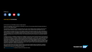 © 2019 SAP SE or an SAP affiliate company. All rights reserved.
No part of this publication may be reproduced or transmitted in any form or for any purpose without the express permission of
SAP SE or an SAP affiliate company.
The information contained herein may be changed without prior notice. Some software products marketed by SAP SE and its
distributors contain proprietary software components of other software vendors. National product specifications may vary.
These materials are provided by SAP SE or an SAP affiliate company for informational purposes only, without representation or
warranty of any kind, and SAP or its affiliated companies shall not be liable for errors or omissions with respect to the materials.
The only warranties for SAP or SAP affiliate company products and services are those that are set forth in the express warranty
statements accompanying such products and services, if any. Nothing herein should be construed as constituting an additional
warranty.
In particular, SAP SE or its affiliated companies have no obligation to pursue any course of business outlined in this document or
any related presentation, or to develop or release any functionality mentioned therein. This document, or any related presentation,
and SAP SE’s or its affiliated companies’ strategy and possible future developments, products, and/or platforms, directions, and
functionality are all subject to change and may be changed by SAP SE or its affiliated companies at any time for any reason
without notice. The information in this document is not a commitment, promise, or legal obligation to deliver any material, code, or
functionality. All forward-looking statements are subject to various risks and uncertainties that could cause actual results to differ
materially from expectations. Readers are cautioned not to place undue reliance on these forward-looking statements, and they
should not be relied upon in making purchasing decisions.
SAP and other SAP products and services mentioned herein as well as their respective logos are trademarks or registered
trademarks of SAP SE (or an SAP affiliate company) in Germany and other countries. All other product and service names
mentioned are the trademarks of their respective companies.
See www.sap.com/copyright for additional trademark information and notices.
www.sap.com/contactsap
Follow us
 