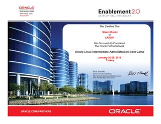 This Certifies That
Gizem Bozan
of
CARDIF
Has Successfully Completed
The Oracle PartnerNetwork
Oracle Linux Intermediate Administration Boot Camp
January 26-29, 2016
Turkey
 