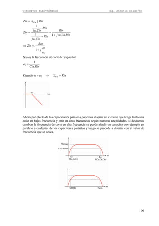 CIRCUITOS ELECTRÓNICOS Ing. Antonio Calderón
100
RinX
RinCin
j
Rin
Zin
RinCinj
Rin
Rin
Cinj
Rin
Cinj
Zin
RinXZin
Cini
Cin
=→=
=
+
=⇒
+
=
+
=
=
ωω
ω
ω
ω
ω
ω
ω
ω
Cuando
.
1
capacitordelcortedefrecuencialaSea
1
.
..1
.
1
.
.
1
||
i
i
i
Ahora por efecto de las capacidades parásitas podemos diseñar un circuito que tenga tanto una
codo en bajas frecuencia y otro en altas frecuencias según nuestras necesidades, si deseamos
cambiar la frecuencia de corte en alta frecuencia se puede añadir un capacitor por ejemplo en
paralelo a cualquier de los capacitores parásitos y luego se procede a diseñar con el valor de
frecuencia que se desea.
 