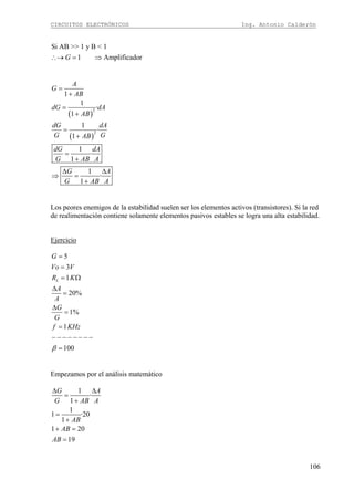 CIRCUITOS ELECTRÓNICOS Ing. Antonio Calderón
106
Si AB >> 1 y B < 1
1 AmplificadorG∴→ = ⇒
( )
( )
2
2
1
1
·
1
1
·
1
1
·
1
1
·
1
A
G
AB
dG dA
AB
dG dA
G GAB
dG dA
G AB A
G A
G AB A
=
+
=
+
=
+
=
+
Δ Δ
⇒ =
+
Los peores enemigos de la estabilidad suelen ser los elementos activos (transistores). Si la red
de realimentación contiene solamente elementos pasivos estables se logra una alta estabilidad.
Ejercicio
5
3
1
20%
1%
1
100
L
G
Vo V
R K
A
A
G
G
f KHz
β
=
=
= Ω
Δ
=
Δ
=
=
− − − − − − − −
=
Empezamos por el análisis matemático
1
·
1
1
1 ·20
1
1 20
19
G A
G AB A
AB
AB
AB
Δ Δ
=
+
=
+
+ =
=
 
