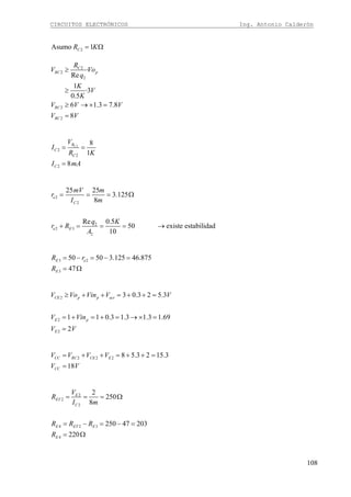 CIRCUITOS ELECTRÓNICOS Ing. Antonio Calderón
108
2Asumo 1CR K= Ω
2
2
2
2
2
·
Re
1
·3
0.5
6 1.3 7.8
8
C
RC p
RC
RC
R
V Vo
q
K
V
K
V V V
V V
≥
≥
≥ → × =
=
2
2
2
2
8
1
8
CR
C
C
C
V
I
R K
I mA
= =
=
2
2
2
2 3
2
25 25
3.125
8
Re 0.5
50 existe estabilidad
10
e
C
e E
mV m
r
I m
q K
r R
A
= = = Ω
+ = = = →
3 2
3
50 50 3.125 46.875
47
E e
E
R r
R
= − = − =
= Ω
2
2
2
3 0.3 2 5.3
1 1 0.3 1.3 1.3 1.69
2
CE p p act
E p
E
V Vo Vin V V
V Vin
V V
≥ + + = + + =
= + = + = → × =
=
2 2 2 8 5.3 2 15.3
18
CC RC CE E
CC
V V V V
V V
= + + = + + =
=
2
2
2
4 2 3
4
2
250
8
250 47 203
220
E
ET
C
E ET E
E
V
R
I m
R R R
R
= = = Ω
= − = − =
= Ω
 