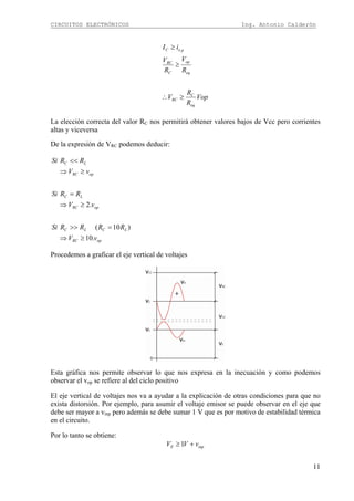 CIRCUITOS ELECTRÓNICOS Ing. Antonio Calderón
11
Vop
R
R
V
R
V
R
V
iI
eq
C
RC
eq
op
C
RC
poC
≥∴
≥
≥
La elección correcta del valor RC nos permitirá obtener valores bajos de Vcc pero corrientes
altas y viceversa
De la expresión de VRC podemos deducir:
opRC
LCLC
opRC
LC
opRC
LC
vV
RRRRSi
vV
RRSi
vV
RRSi
.10
)10(
.2
≥⇒
=>>
≥⇒
=
≥⇒
<<
Procedemos a graficar el eje vertical de voltajes
Esta gráfica nos permite observar lo que nos expresa en la inecuación y como podemos
observar el vop se refiere al del ciclo positivo
El eje vertical de voltajes nos va a ayudar a la explicación de otras condiciones para que no
exista distorsión. Por ejemplo, para asumir el voltaje emisor se puede observar en el eje que
debe ser mayor a vinp pero además se debe sumar 1 V que es por motivo de estabilidad térmica
en el circuito.
Por lo tanto se obtiene:
inpE vVV +≥1
 