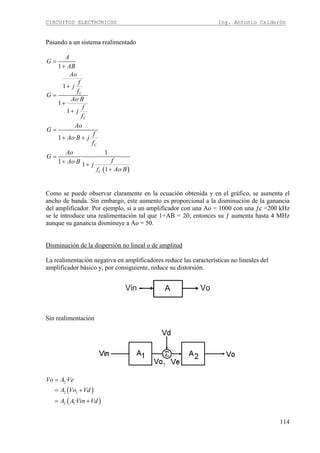 CIRCUITOS ELECTRÓNICOS Ing. Antonio Calderón
114
Pasando a un sistema realimentado
( )
1
1
·
1
1
1 ·
1
·
1 · 1
1 ·
C
C
C
C
A
G
AB
Ao
f
j
f
G
Ao B
f
j
f
Ao
G
f
Ao B j
f
Ao
G
fAo B j
f Ao B
=
+
+
=
+
+
=
+ +
=
+ +
+
Como se puede observar claramente en la ecuación obtenida y en el gráfico, se aumenta el
ancho de banda. Sin embargo, este aumento es proporcional a la disminución de la ganancia
del amplificador. Por ejemplo, si a un amplificador con una Ao = 1000 con una ƒc =200 kHz
se le introduce una realimentación tal que 1+AB = 20, entonces su ƒ aumenta hasta 4 MHz
aunque su ganancia disminuye a Ao = 50.
Disminución de la dispersión no lineal o de amplitud
La realimentación negativa en amplificadores reduce las características no lineales del
amplificador básico y, por consiguiente, reduce su distorsión.
Sin realimentación
( )
( )
2
2 1
2 1
·
·
Vo A Ve
A Vo Vd
A A Vin Vd
=
= +
= +
 