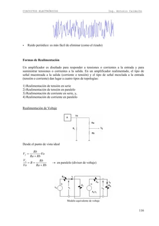 CIRCUITOS ELECTRÓNICOS Ing. Antonio Calderón
116
- Ruido periódico: es más fácil de eliminar (como el rizado)
Formas de Realimentación
Un amplificador es diseñado para responder a tensiones o corrientes a la entrada y para
suministrar tensiones o corrientes a la salida. En un amplificador realimentado, el tipo de
señal muestreada a la salida (corriente o tensión) y el tipo de señal mezclada a la entrada
(tensión o corriente) dan lugar a cuatro tipos de topologías:
1) Realimentación de tensión en serie
2) Realimentación de tensión en paralelo
3) Realimentación de corriente en serie, y,
4) Realimentación de corriente en paralelo
Realimentación de Voltaje
Desde el punto de vista ideal
·
en paralelo (divisor de voltaje)
f
f
Rb
V Vo
Ra Rb
V Rb
B
Vo Ra Rb
=
+
= = →
+
Modelo equivalente de voltaje
 