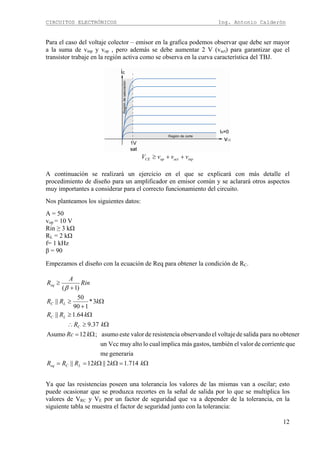 CIRCUITOS ELECTRÓNICOS Ing. Antonio Calderón
12
Para el caso del voltaje colector – emisor en la grafica podemos observar que debe ser mayor
a la suma de vinp y vop , pero además se debe aumentar 2 V (vact) para garantizar que el
transistor trabaje en la región activa como se observa en la curva característica del TBJ.
inpactopCE vvvV ++≥
A continuación se realizará un ejercicio en el que se explicará con más detalle el
procedimiento de diseño para un amplificador en emisor común y se aclarará otros aspectos
muy importantes a considerar para el correcto funcionamiento del circuito.
Nos planteamos los siguientes datos:
A = 50
vop = 10 V
Rin ≥ 3 kΩ
RL = 2 kΩ
f= 1 kHz
β = 90
Empezamos el diseño con la ecuación de Req para obtener la condición de RC.
Ω=ΩΩ==
Ω=
Ω≥∴
Ω≥
Ω
+
≥
+
≥
kkkRRR
kRc
kR
kRR
kRR
Rin
A
R
LCeq
C
LC
LC
eq
714.12||12||
generariame
quecorrientedevaloreltambiéngastos,másimplicacualloaltomuyVccun
obtenernoparasalidadevoltajeelobservandoaresistencidevaloresteasumo;12Asumo
37.9
64.1||
3*
190
50
||
)1(β
Ya que las resistencias poseen una tolerancia los valores de las mismas van a oscilar; esto
puede ocasionar que se produzca recortes en la señal de salida por lo que se multiplica los
valores de VRC y VE por un factor de seguridad que va a depender de la tolerancia, en la
siguiente tabla se muestra el factor de seguridad junto con la tolerancia:
 