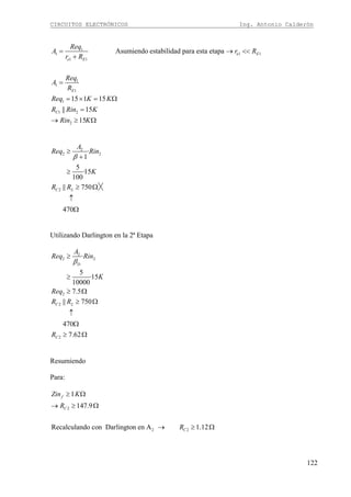 CIRCUITOS ELECTRÓNICOS Ing. Antonio Calderón
122
1
1 e1 1
1 1
1
1
1
1
1 2
2
Asumiendo estabilidad para esta etapa
15 1 15
|| 15
15
E
e E
E
C
Req
A r R
r R
Req
A
R
Req K K
R Rin K
Rin K
= → <<
+
=
= × = Ω
=
→ ≥ Ω
2
2 2·
1
5
·15
100
A
Req Rin
K
β
≥
+
≥
2 || 750C LR R ≥ Ω
470
↑
Ω
Utilizando Darlington en la 2ª Etapa
2
2 2
2
·
5
·15
10000
7.5
D
A
Req Rin
K
Req
β
≥
≥
≥ Ω
2
2
|| 750
470
7.62
C L
C
R R
R
≥ Ω
↑
Ω
≥ Ω
Resumiendo
Para:
2
2 2
1
147.9
Recalculando con Darlington en A 1.12
f
C
C
Zin K
R
R
≥ Ω
→ ≥ Ω
→ ≥ Ω
 