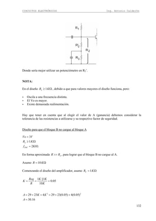 CIRCUITOS ELECTRÓNICOS Ing. Antonio Calderón
132
Donde sería mejor utilizar un potenciómetro en R2’.
NOTA:
En el diseño 1LR K≥ Ω , debido a que para valores mayores el diseño funciona, pero:
- Oscila a una frecuencia distinta.
- El Vo es mayor.
- Existe demasiada realimentación.
Hay que tener en cuenta que al elegir el valor de A (ganancia) debemos considerar la
tolerancia de las resistencias a utilizarse y su respectivo factor de seguridad.
Diseño para que el bloque B no cargue al bloque A
3
1
2
L
OSC
Vo V
R K
f KHz
=
≥ Ω
=
En forma aproximada LR R>> , para lograr que el bloque B no cargue al A.
Asumo 10R K= Ω
Comenzando el diseño del amplificador, asumo 1CR K= Ω
1 ||1
0.05
10
Req K K
K
R K
= = =
2 2
29 23 4 29 23(0.05) 4(0.05)
30.16
A K K
A
= + + = + +
=
 