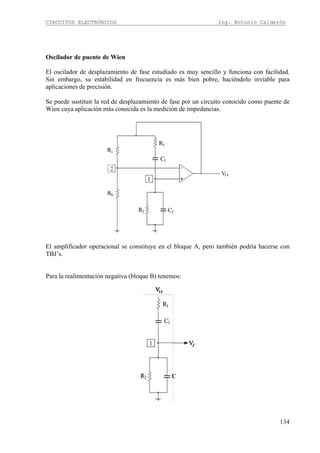 CIRCUITOS ELECTRÓNICOS Ing. Antonio Calderón
134
Oscilador de puente de Wien
El oscilador de desplazamiento de fase estudiado es muy sencillo y funciona con facilidad.
Sin embargo, su estabilidad en frecuencia es más bien pobre, haciéndolo inviable para
aplicaciones de precisión.
Se puede sustituir la red de desplazamiento de fase por un circuito conocido como puente de
Wien cuya aplicación más conocida es la medición de impedancias.
El amplificador operacional se constituye en el bloque A, pero también podría hacerse con
TBJ’s.
Para la realimentación negativa (bloque B) tenemos:
 