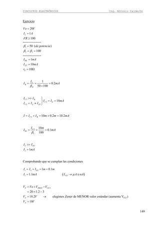 CIRCUITOS ELECTRÓNICOS Ing. Antonio Calderón
149
Ejercicio
20
1
100
L
Vo V
I A
FR
=
=
≥
-----------------
1
2 3
50 ( )
100
de potenciaβ
β β
=
= =
-----------------
1
10
10
ZK
ZT
Z
I mA
I mA
r
=
=
= Ω
1
0.2
50 100
L
B
D
I
I mA
β
= = =
×
3
3
3
10
C B
C Z
C Z ZT
I I
I I mA
I I I
>> ⎫
= =⎬
= ≈ ⎭
3 10 0.2 10.2C BI I I m m mA= + = + =
3
3
3
10
0.1
100
C
B
I m
I mA
β
= = =
2 3
2 1
BI I
I mA
>>
=
Comprobando que se cumplan las condiciones
( )
1 2 3
1
1 0.1
1.1 o
B
CO
I I I m m
I mA I A nAμ
= + = +
= →
3
CE3
20 1.2 3
18.2 elegimos Zener de MENOR valor estándar (aumenta V )
18
Z JBED CE
Z
Z
V Vo V V
V V
V V
= + −
= + −
= →
=
 