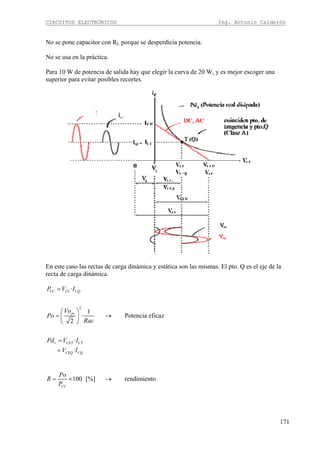 CIRCUITOS ELECTRÓNICOS Ing. Antonio Calderón
171
No se pone capacitor con RL porque se desperdicia potencia.
No se usa en la práctica.
Para 10 W de potencia de salida hay que elegir la curva de 20 W, y es mejor escoger una
superior para evitar posibles recortes.
En este caso las rectas de carga dinámica y estática son las mismas. El pto. Q es el eje de la
recta de carga dinámica.
2
·
1
· Potencia eficaz
2
·
·
CC CC CQ
pr
r CET CT
CEQ CQ
P V I
Vo
Po
Rac
Pd V I
V I
=
⎛ ⎞
= →⎜ ⎟
⎝ ⎠
=
=
100 [%] rendimiento
CC
Po
R
P
= × →
 