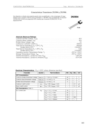 CIRCUITOS ELECTRÓNICOS Ing. Antonio Calderón
183
Características Transistores 2N3904 y 2N3906
Este dispositivo se diseña como propósito general como un amplificador y el de un interruptor. El rango
dinámico útil se extiende a 100 mA como un interruptor y a 100 MHz como un amplificador. El transistor
2N3904 (NTE 123AP) es de disposición NPN, mientras que el transistor 2N3906 (NTE 159 ) de
disposición PNP.
 