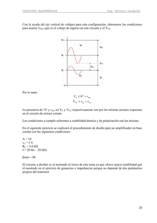CIRCUITOS ELECTRÓNICOS Ing. Antonio Calderón
20
Con la ayuda del eje vertical de voltajes para esta configuración, obtenemos las condiciones
para asumir VRE2 que es el voltaje de ingreso en este circuito y el VCE.
Por lo tanto
inpE vVV +≥1
actopCE vvV +≥
La presencia de 1V y vact en VE y VCE respectivamente son por las mismas razones expuestas
en el circuito de emisor común
Las condiciones a cumplir referentes a estabilidad térmica y de polarización son las mismas.
En el siguiente ejercicio se explicará el procedimiento de diseño para un amplificador en base
común con las siguientes condiciones.
A = 10
vo = 5 V
RL = 5.6 kΩ
f = 20 Hz – 20 kHz
βmin = 80
El circuito a diseñar es el mostrado al inicio de este tema ya que ofrece mayor estabilidad que
el mostrado en el ejercicio de ganancias e impedancias porque no depende de dos parámetros
propios del transistor
 