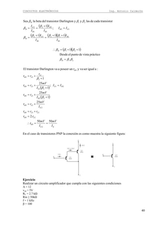 CIRCUITOS ELECTRÓNICOS Ing. Antonio Calderón
40
( )
( ) ( )( )
( )( )
( )
( )
EE
e
ee
E
e
B
e
BE
E
e
e
e
B
B
B
E
EB
B
B
B
E
I
mV
I
mV
r
rr
I
mV
r
I
mV
r
II
I
mV
r
r
r
I
I
I
I
II
I
I
I
I
5050
r
.2r
r
25
r
1
25
r
;
1
25
r
1
r
:aigualsery varunposeeravaDarlingtonrtransistoEl
.
prácticovistadepuntoelDesde
11
111
;
1
rtransistocadadelasyyDarlingtonrtransistodelbetalaSea
2
eD
2eD
22eD
2
2eD
22
2eD
21
21
2eD
2
1
2eD
eD
21D
21D
1
112
1
12
D
12
1
22
1
2
D
21D
==∴
=
+=
+=
+
+=
=
+
+=
+
+=
=
++=∴
++
=
+
=
=
+
==
β
β
β
βββ
βββ
βββ
β
β
β
βββ
En el caso de transistores PNP la conexión es como muestra la siguiente figura:
=
IE1=IB2
IE2
IB1 B
C
E
Q3
PNP
Q2
PNP
Q1
PNP
B
C
E
Ejercicio
Realizar un circuito amplificador que cumpla con las siguientes condiciones
A = 12
vop = 5V
RL = 2.7 kΩ
Rin ≥ 50kΩ
f = 1 kHz
β = 100
 