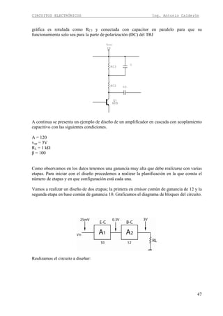 CIRCUITOS ELECTRÓNICOS Ing. Antonio Calderón
47
gráfica es rotulada como RC3 y conectada con capacitor en paralelo para que su
funcionamiento solo sea para la parte de polarización (DC) del TBJ
C
CCRC2
RC3
Q1
NPN
+V
Vcc
A continua se presenta un ejemplo de diseño de un amplificador en cascada con acoplamiento
capacitivo con las siguientes condiciones.
A = 120
vop = 3V
RL = 1 kΩ
β = 100
Como observamos en los datos tenemos una ganancia muy alta que debe realizarse con varias
etapas. Para iniciar con el diseño procedemos a realizar la planificación en la que consta el
número de etapas y en que configuración está cada una.
Vamos a realizar un diseño de dos etapas; la primera en emisor común de ganancia de 12 y la
segunda etapa en base común de ganancia 10. Graficamos el diagrama de bloques del circuito.
Realizamos el circuito a diseñar:
 