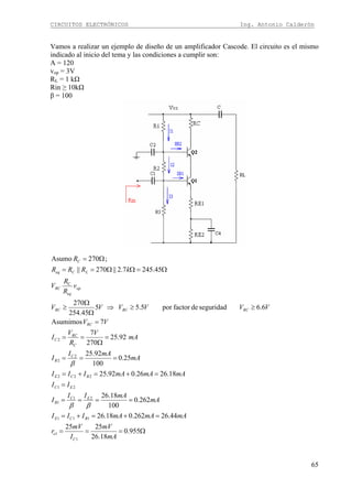 CIRCUITOS ELECTRÓNICOS Ing. Antonio Calderón
65
Vamos a realizar un ejemplo de diseño de un amplificador Cascode. El circuito es el mismo
indicado al inicio del tema y las condiciones a cumplir son:
A = 120
vop = 3V
RL = 1 kΩ
Rin ≥ 10kΩ
β = 100
Ω===
=+=+=
====
=
=+=+=
===
=
Ω
==
=
≥≥⇒
Ω
Ω
≥
Ω=ΩΩ==
Ω=
955.0
18.26
2525
44.26262.018.26
262.0
100
18.26
18.2626.092.25
25.0
100
92.25
92.25
270
7
7Asumimos
6.6seguridaddefactorpor5.55
45.254
270
45.2457.2||270||
;270Asumo
1
1
111
21
1
21
222
2
2
2
C
mA
mV
I
mV
r
mAmAmAIII
mA
mAII
I
II
mAmAmAIII
mA
mAI
I
mA
V
R
V
I
VV
VVVVVV
v
R
R
V
kRRR
R
C
e
BCE
EC
B
EC
BCE
C
B
C
RC
C
RC
RCRCRC
op
eq
RC
LCeq
C
ββ
β
 