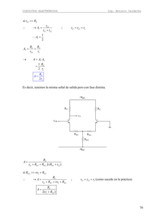 CIRCUITOS ELECTRÓNICOS Ing. Antonio Calderón
70
2
2
1 1 2
1 2
1
si
;
1
2
e E
e
e e e
e e
r R
r
A r r r
r r
A
<<
∴ → = = =
+
∴ =
2
2
C C
e e
R R
A
r r
= =
1 2·
1
·
2
2
C
e
C
e
A A A
R
r
R
A
r
=
→ =
=
Es decir, tenemos la misma señal de salida pero con fase distinta.
1 1 2 1 2||( )
C
e E E E e
R
A
r R R R r
=
+ + +
2 2 1
1 2
1 1 2 1
1
si
;
2( )
E E
C
e e e
e E E
C
e E
R re R
R
A r r r
r R re R
R
A
r R
>> +
∴ → = = =
+ + +
=
+
(como sucede en la práctica)
 