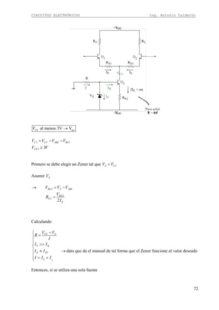 CIRCUITOS ELECTRÓNICOS Ing. Antonio Calderón
72
actal menos 3V VCEV →
3 1
3 3
C CC JBE RE
CE
V V V V
V V
= − −
≥
Primero se debe elegir un Zener tal que Z CCV V<
Asumir ZV
2
2
2
2
RE Z JBE
RE
E
E
V V V
V
R
I
→ = −
=
Calculando
dato que da el manual de tal forma que el Zener funcione al valor deseado
B
CC Z
Z B
Z ZT
Z
V V
R
I
I I
I I
I I I
−⎧
=⎪
⎪⎪ >>⎨
⎪ ≈ →
⎪
= +⎪⎩
Entonces, si se utiliza una sola fuente
 