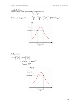 CIRCUITOS ELECTRÓNICOS Ing. Antonio Calderón
77
Voltaje de Salida
( )2
max
2
max
2
maxmax
2
*707.0
222
potenciamediadePuntos
:espotencialayvoltajeelentreexistequerelaciónLa
Vo
VoVoPo
VoPo
=⎟
⎠
⎞
⎜
⎝
⎛
=→
→
dBVo
Vo
VoVo
3
2log20log20
2
log20
2
log*10
:DecibelesEn
(dB)max
max
max
2
max
−=
−=
=
 