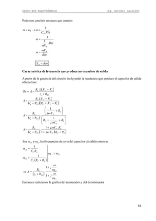 CIRCUITOS ELECTRÓNICOS Ing. Antonio Calderón
88
Podemos concluir entonces que cuando:
RinX
Rin
X
Rin
X
RinC
B
B
B
B
b
=
=
=
=→=
ω
ω
ω
ω
ωωω
.
1
1
.
1
Característica de frecuencia que produce un capacitor de salida
A partir de la ganancia del circuito incluyendo la reactancia que produce el capacitor de salida
obtenemos:
( )
( )
( )( )
( )
( ) ( )
( )
( )
C1
C2
1
C2C1
C1
C2
C2C1
1
1
1
1
1
1
.
1
1
entoncessalidadecapacitordelcortedesfrecuencialasySea
..1
..1
.
.
1
.
1
.
.
||
ω
ω
ω
ω
ωω
ω
ω
ωω
ω
ω
ω
ω
j
j
Rr
R
A
RRC
RC
RRCj
RCj
Rr
R
A
R
Cj
R
R
Cj
Rr
R
A
RXRRr
RXR
A
Rr
RXR
AGv
Ee
C
LCC
LC
LCC
LC
Ee
C
L
C
C
L
C
Ee
C
LCCEe
LCC
Ee
LCC
+
+
+
=⇒
>
⎪
⎪
⎭
⎪
⎪
⎬
⎫
+
=
=
++
+
+
=
⎟⎟
⎠
⎞
⎜⎜
⎝
⎛
++
⎟⎟
⎠
⎞
⎜⎜
⎝
⎛
+
+
=
+++
+
=
+
+
==
Entonces realizamos la grafica del numerador y del denominador
 