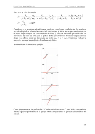 CIRCUITOS ELECTRÓNICOS Ing. Antonio Calderón
93
( )
( )
)(
.
.
.
..
frecuenciaaltaPara
1
12
212
21
2
21E1
E2
21
LQQD
Rr
R
A
RrR
RRrR
RRr
R
RC
RC
RRr
R
RRr
R
A
Ee
eq
EeE
EEeE
EEe
eq
EeqE
EE
EEe
eq
EEe
eq
+
=
+
++
++
=
++
=
++
=
∞→
ω
ω
ω
Cuando se vaya a resolver ejercicios que requieran cumplir con condición de frecuencia se
recomienda graficar primero la característica del emisor y ubicar sus respectivas frecuencias
de corte luego dibujar las características de base y colector haciendo que coincidan las
frecuencias de corte de estos con la gráfica de las características de emisor según como se
desee y no ubicar entre las frecuencias de corte (ωE1 < ω < ωE2). Finalmente realizar la
respectiva suma de las pendientes de cada característica.
A continuación se muestra un ejemplo.
Como observamos en las graficas los “y” están rotulados con una C, esta indica característica
mas no capacitor por lo tanto en el eje que esta CE lo que señala es que es la característica del
emisor.
 
