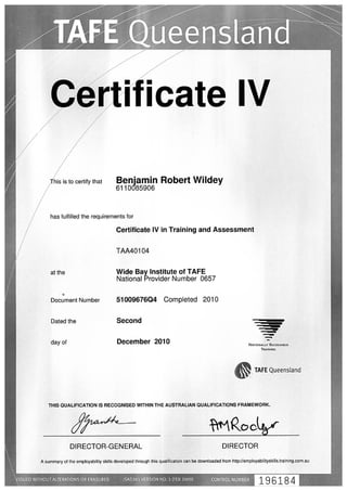 Certificate IV in Training and Assessment TAA40104 TAFE Dec 2012