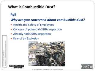 Air Handling Systems - Copyright 2015 For informational use only
What is Combustible Dust?
Poll
Why are you concerned about combustible dust?
 Health and Safety of Employees
 Concern of potential OSHA Inspection
 Already had OSHA Inspection
 Fear of an Explosion
Photo: U.S. Chemical Safety Board
CombustibleDustWebinar
March2015-Woodworkingnetwork.com
 