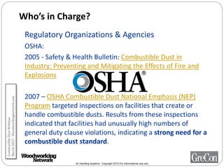 Air Handling Systems - Copyright 2015 For informational use only
Who’s in Charge?
Regulatory Organizations & Agencies
OSHA:
2005 - Safety & Health Bulletin: Combustible Dust in
Industry: Preventing and Mitigating the Effects of Fire and
Explosions
2007 – OSHA Combustible Dust National Emphasis (NEP)
Program targeted inspections on facilities that create or
handle combustible dusts. Results from these inspections
indicated that facilities had unusually high numbers of
general duty clause violations, indicating a strong need for a
combustible dust standard.
CombustibleDustWebinar
March2015-Woodworkingnetwork.com
 