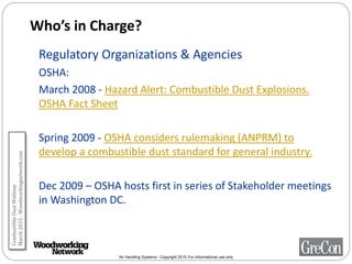 Air Handling Systems - Copyright 2015 For informational use only
Who’s in Charge?
Regulatory Organizations & Agencies
OSHA:
March 2008 - Hazard Alert: Combustible Dust Explosions.
OSHA Fact Sheet
Spring 2009 - OSHA considers rulemaking (ANPRM) to
develop a combustible dust standard for general industry.
Dec 2009 – OSHA hosts first in series of Stakeholder meetings
in Washington DC.
CombustibleDustWebinar
March2015-Woodworkingnetwork.com
 