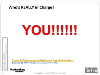 Air Handling Systems - Copyright 2015 For informational use only
Who’s REALLY in Charge?
Sugar Refinery Ignored Explosive Dust Before Blast
September 25, 2009 by Russ Bynum, Associated Press Writer
CombustibleDustWebinar
March2015-Woodworkingnetwork.com
 