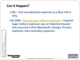 Air Handling Systems - Copyright 2015 For informational use only
Can it Happen?
1785 – First recorded dust explosion at a flour mill in
Italy.
Feb 2008 - Georgia sugar refinery explosion – Imperial
Sugar refinery explosion was an industrial disaster
that occurred in Port Wentworth, Georgia. Primary
explosion, then secondary explosion.
CombustibleDustWebinar
March2015-Woodworkingnetwork.com
 
