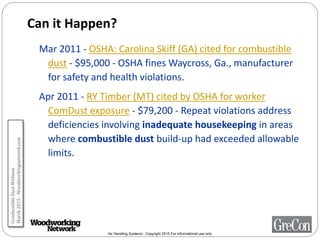 Air Handling Systems - Copyright 2015 For informational use only
Can it Happen?
Mar 2011 - OSHA: Carolina Skiff (GA) cited for combustible
dust - $95,000 - OSHA fines Waycross, Ga., manufacturer
for safety and health violations.
Apr 2011 - RY Timber (MT) cited by OSHA for worker
ComDust exposure - $79,200 - Repeat violations address
deficiencies involving inadequate housekeeping in areas
where combustible dust build-up had exceeded allowable
limits.
CombustibleDustWebinar
March2015-Woodworkingnetwork.com
 