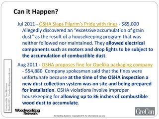 Air Handling Systems - Copyright 2015 For informational use only
Can it Happen?
Jul 2011 - OSHA Slaps Pilgrim’s Pride with fines - $85,000
Allegedly discovered an “excessive accumulation of grain
dust” as the result of a housekeeping program that was
neither followed nor maintained. They allowed electrical
components such as motors and drop lights to be subject to
the accumulation of combustible dust.
Aug 2011 - OSHA proposes fine for Opelika packaging company
- $54,880 Company spokesman said that the fines were
unfortunate because at the time of the OSHA inspection a
new dust collection system was on site and being prepared
for installation. OSHA violations involve improper
housekeeping for allowing up to 36 inches of combustible
wood dust to accumulate.
CombustibleDustWebinar
March2015-Woodworkingnetwork.com
 