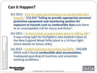 Air Handling Systems - Copyright 2015 For informational use only
Can it Happen?
Oct 2011 - Fine for exposing employees to combustible dust
hazards - $58,800 "Failing to provide appropriate personal
protective equipment and monitoring workers for
exposure to hazards such as combustible dust puts them
at an unacceptable risk for injury and illness”.
Oct 2011 – 4-alarm blaze at wood pellet plant in Jaffrey, NH -
It was a long night for firefighters who battled a blaze at
the New England Wood Pellet plant in a 14 hour fight.
(more details on future slide).
Jan 2012 - Cardell Cabinetry faces fines by OSHA - $45,000
OSHA said it found combustible dust accumulation,
inadequate guarding of machines and unsanitary
working conditions.
CombustibleDustWebinar
March2015-Woodworkingnetwork.com
 