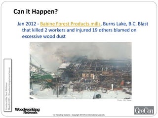 Air Handling Systems - Copyright 2015 For informational use only
Can it Happen?
Jan 2012 - Babine Forest Products mills, Burns Lake, B.C. Blast
that killed 2 workers and injured 19 others blamed on
excessive wood dust
Photo: CBC News
CombustibleDustWebinar
March2015-Woodworkingnetwork.com
 