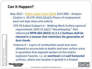 Air Handling Systems - Copyright 2015 For informational use only
Can it Happen?
May 2012 – Pellet maker faults OSHA $147,000 – Analysis
Citation 1. 29 CFR 1910.22(a)(1) Places of employment
were not kept clean and orderly.
CFR 29 (Labor) Subpart d – Walking-Work Surfaces general
requirements 1910.22 (a)(1) “Housekeeping.” Also
referenced NFPA 664 (2012) 11.2.1.1 Surfaces shall be
cleaned in a manner that minimizes the generation of
dust clouds.
Instance A – Layers of combustible wood dust were
allowed to accumulate to depths and over surface areas
in quantities that exposed workers to fire and/or
explosion hazards. i.e. on overhead and wall horizontal
surfaces, where one location it ignited in a fireball.
CombustibleDustWebinar
March2015-Woodworkingnetwork.com
 
