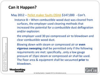 Air Handling Systems - Copyright 2015 For informational use only
Can it Happen?
May 2012 – Pellet maker faults OSHA $147,000 - Con’t.
Instance B – When combustible wood dust was cleared from
surfaces, the employer used cleaning methods that
increased the potential for a combustible dust deflagration
and/or explosion:
the employer used 30 psi compressed air to blowdown and
clear combustible wood dust.
Blowing down with steam or compressed air or even
vigorous sweeping shall be permitted only if the following
requirements are met: specifically…only a low gauge
pressure of 15psi steam or compressed air shall be used.
The floor area & equipment shall be vacuumed prior to
blowdown.
CombustibleDustWebinar
March2015-Woodworkingnetwork.com
 