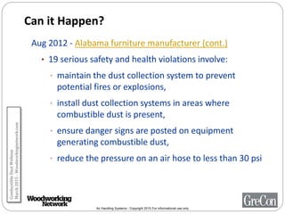 Air Handling Systems - Copyright 2015 For informational use only
Can it Happen?
Aug 2012 - Alabama furniture manufacturer (cont.)
• 19 serious safety and health violations involve:
• maintain the dust collection system to prevent
potential fires or explosions,
• install dust collection systems in areas where
combustible dust is present,
• ensure danger signs are posted on equipment
generating combustible dust,
• reduce the pressure on an air hose to less than 30 psi
CombustibleDustWebinar
March2015-Woodworkingnetwork.com
 