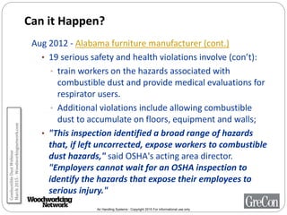 Air Handling Systems - Copyright 2015 For informational use only
Can it Happen?
Aug 2012 - Alabama furniture manufacturer (cont.)
• 19 serious safety and health violations involve (con’t):
• train workers on the hazards associated with
combustible dust and provide medical evaluations for
respirator users.
• Additional violations include allowing combustible
dust to accumulate on floors, equipment and walls;
• "This inspection identified a broad range of hazards
that, if left uncorrected, expose workers to combustible
dust hazards," said OSHA's acting area director.
"Employers cannot wait for an OSHA inspection to
identify the hazards that expose their employees to
serious injury."
CombustibleDustWebinar
March2015-Woodworkingnetwork.com
 