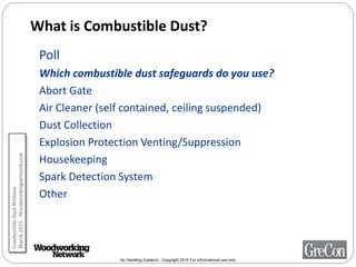Air Handling Systems - Copyright 2015 For informational use only
What is Combustible Dust?
Poll
Which combustible dust safeguards do you use?
Abort Gate
Air Cleaner (self contained, ceiling suspended)
Dust Collection
Explosion Protection Venting/Suppression
Housekeeping
Spark Detection System
Other
CombustibleDustWebinar
March2015-Woodworkingnetwork.com
 