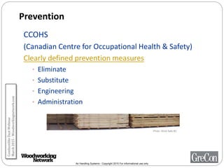 Air Handling Systems - Copyright 2015 For informational use only
Prevention
CCOHS
(Canadian Centre for Occupational Health & Safety)
Clearly defined prevention measures
• Eliminate
• Substitute
• Engineering
• Administration
Photo: Work Safe BC
CombustibleDustWebinar
March2015-Woodworkingnetwork.com
 